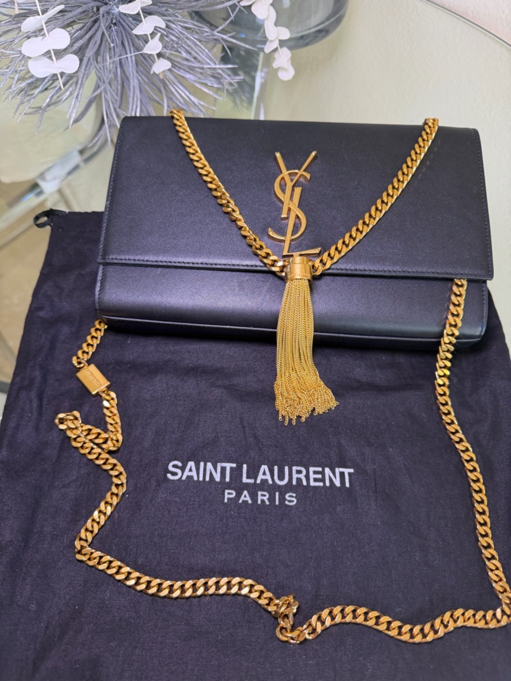 Authentic Saint Laurent Black Leather Tassel Chain Shoulder Bag